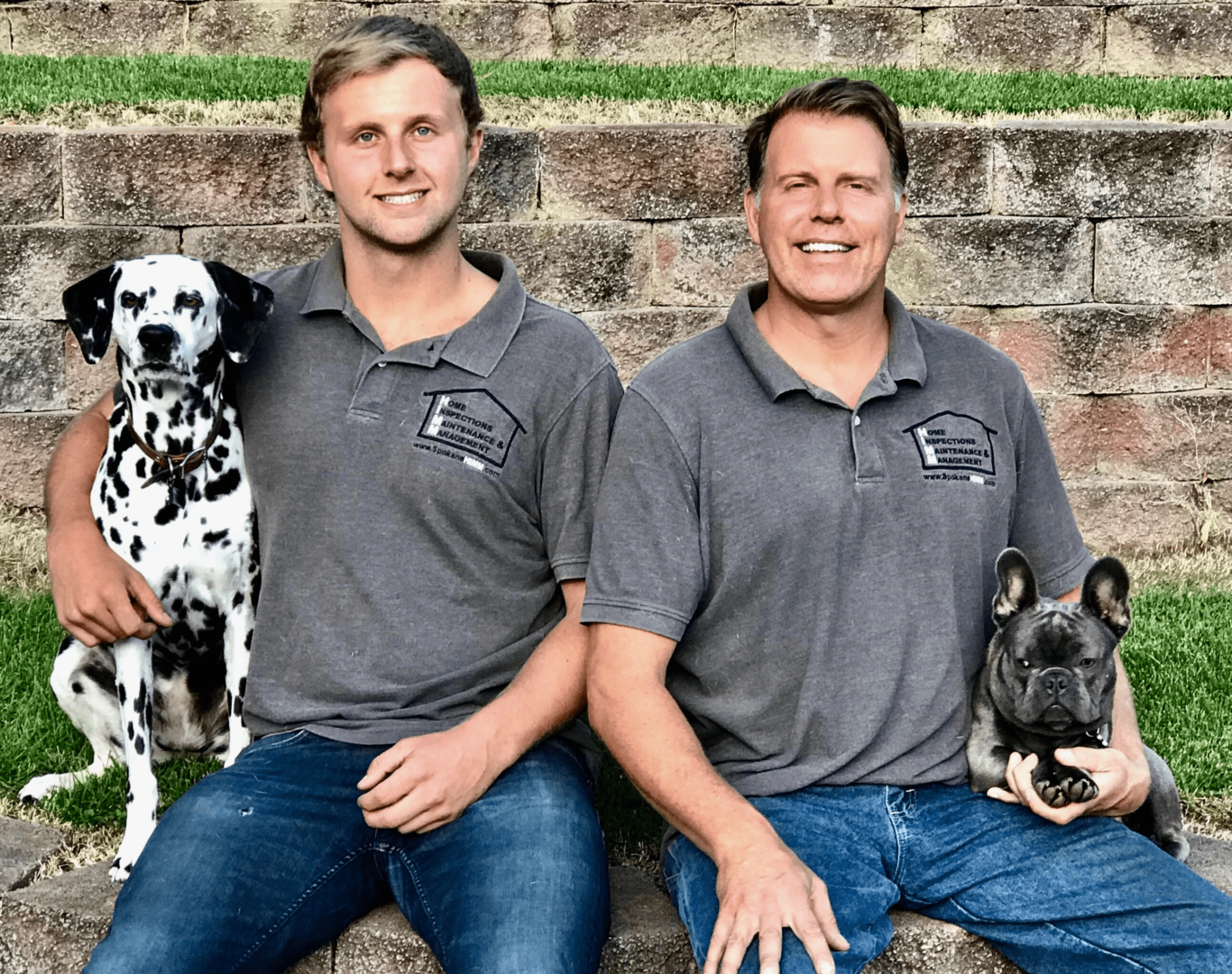 Two men sitting with a dog, both wearing T-shirts with the Home Inspections Maintenance Management logo